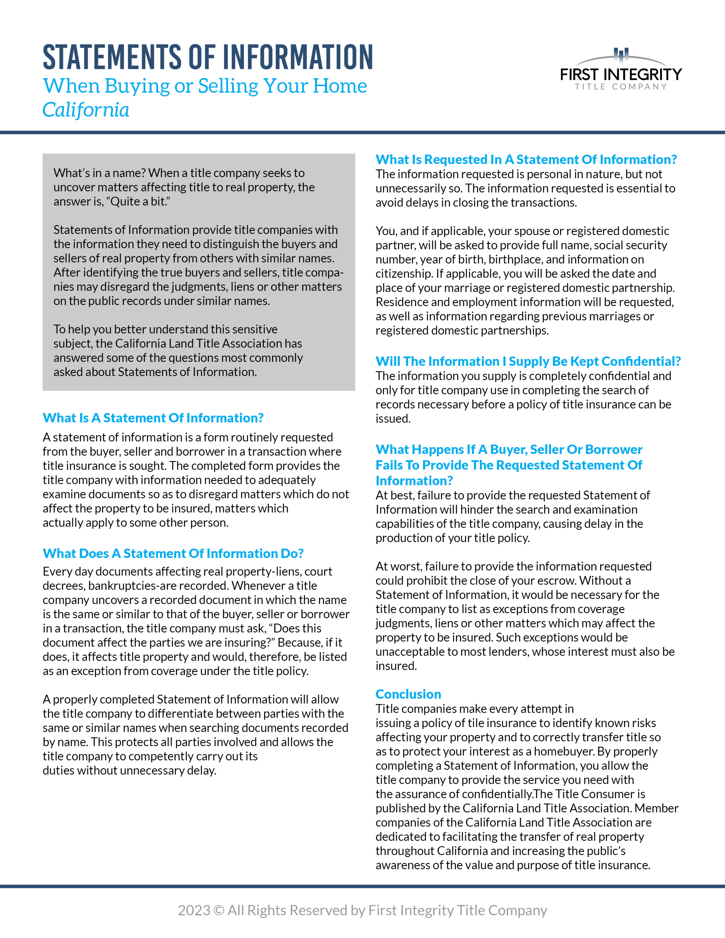 Understanding Statements of Information First Integrity Title Company